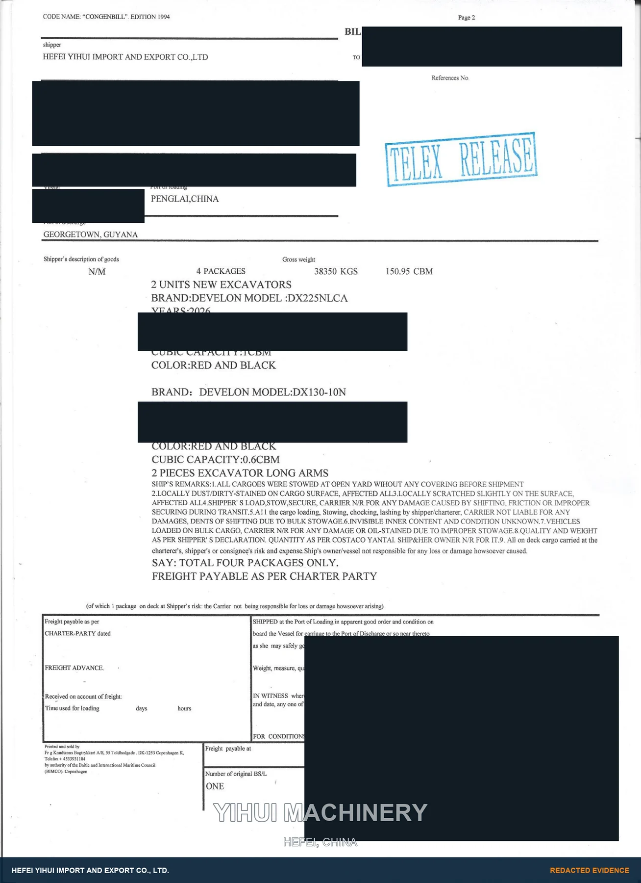 Privacy-redacted shipping evidence for DEVELON DX130-10N & DX225NLCA