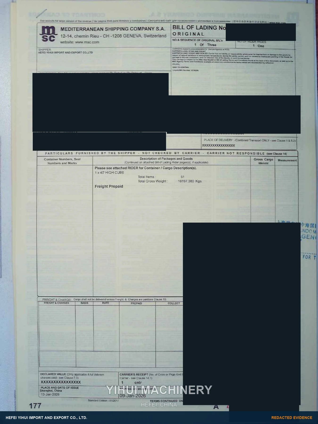 Privacy-redacted shipping evidence for Two DEVELON DX60D Excavators