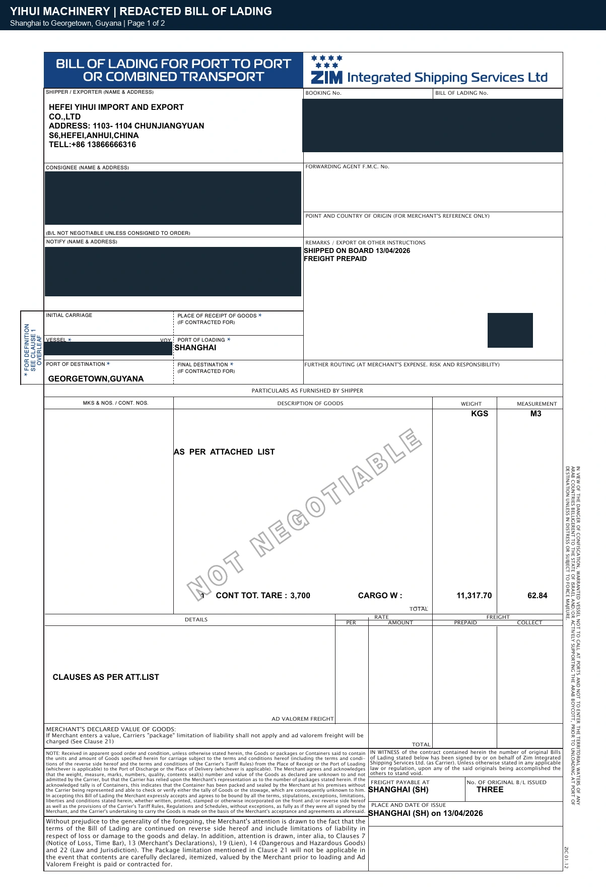 YIHUI export bill of lading, page 1, with customer information concealed