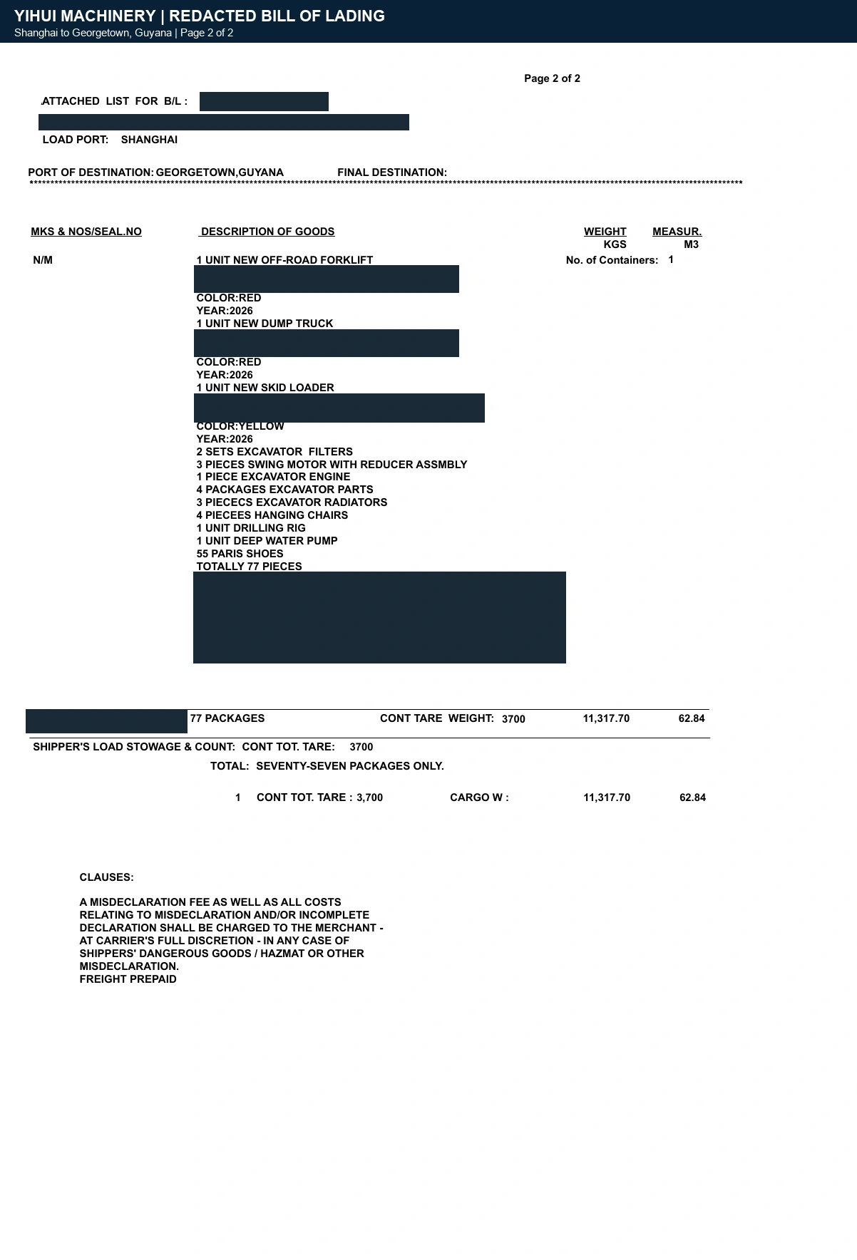 YIHUI export bill of lading, page 2, with customer information concealed