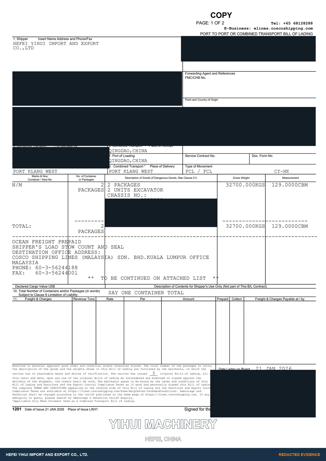 Privacy-redacted shipping evidence for Two-Excavator Malaysia Export Record