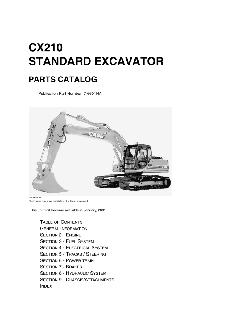 Original CASE CX210 Standard Excavator Parts Catalog 7-6601NA cover