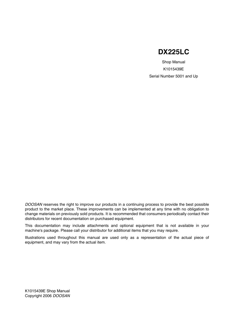 Original Doosan DX225LC Shop Manual K1015439E cover, serial number 5001 and up