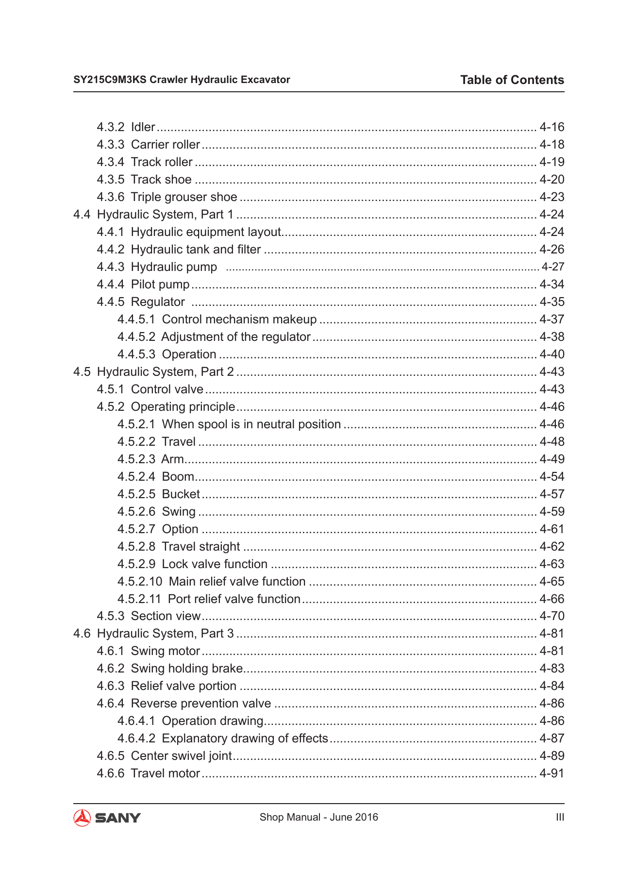 SANY SY215C9M3KS Shop Manual – June 2016 (English) — selected technical pages