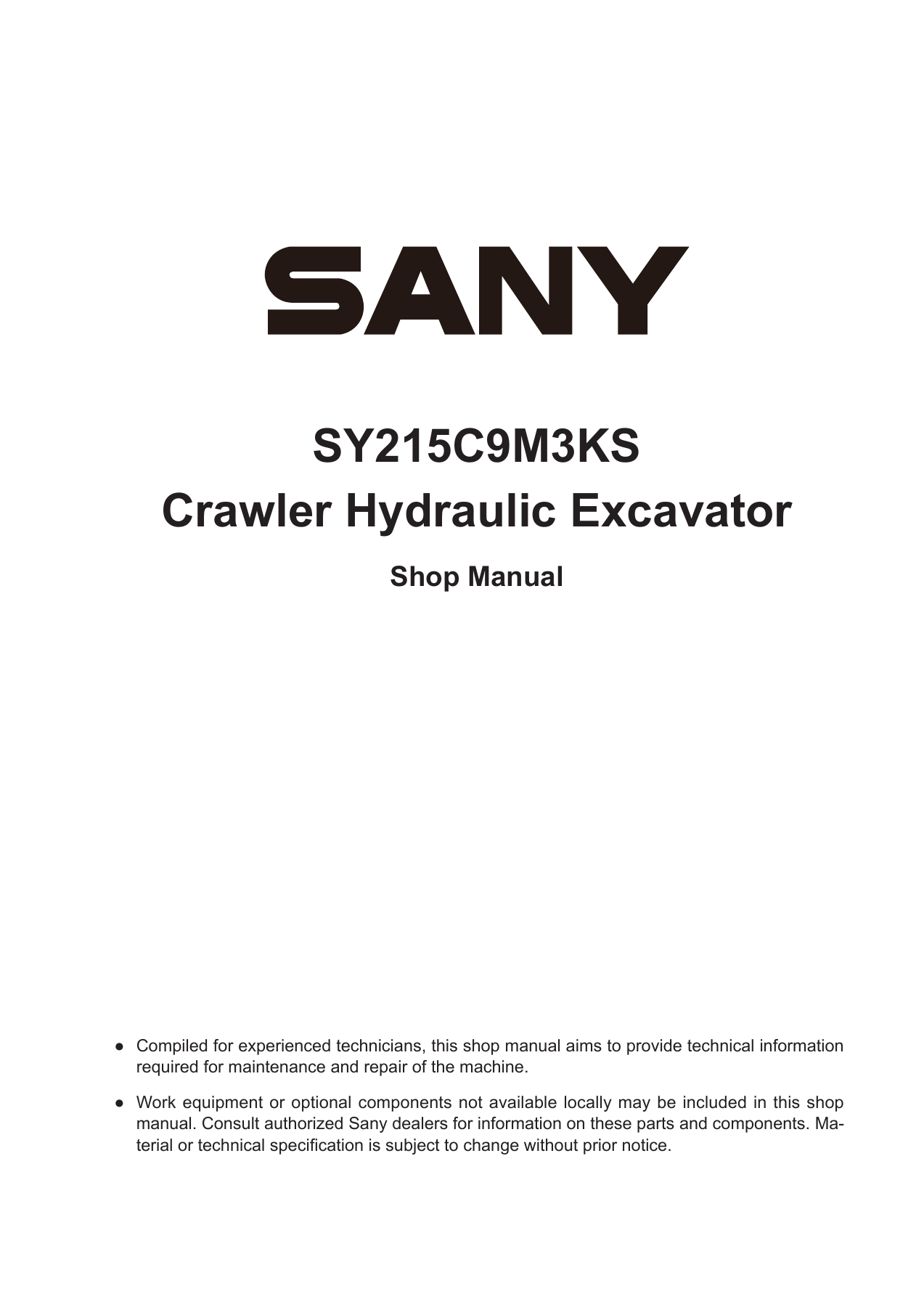SANY SY215C9M3KS Shop Manual – June 2016 (English) — document cover
